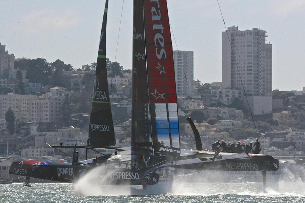 Emirates Team New Zealand finishes race 5 in first place at the Louis Vuitton Cup in San Francisco California on August 21, 2013,   ©  SW